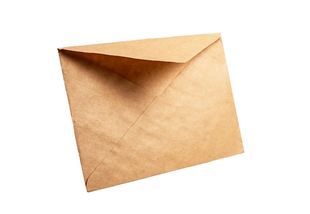 Kraft paper envelope isolated on white background Angled view Natural package for letter invitation postcard gift