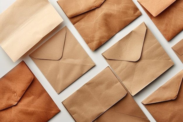 Photo kraft paper envelopes arrangement flat lay