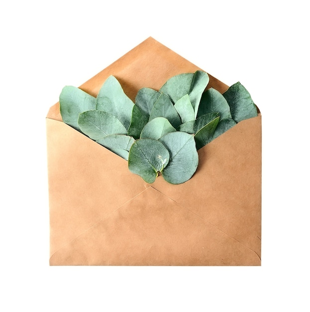 Kraft Pepper envelope and decorative eucalyptus leaves isolated.