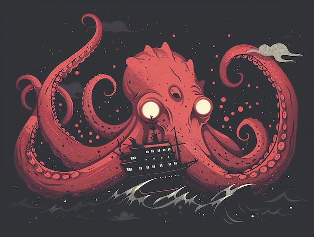 Photo kraken crushing ship cartoon vector