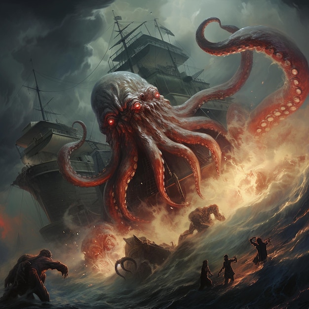 Kraken giant squid attacking a ship