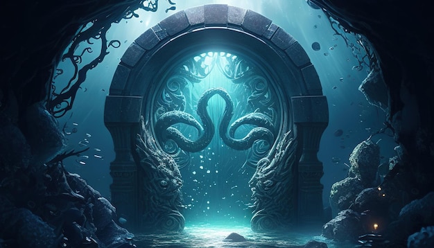 Kraken lair portal digital art illustration Generative AI