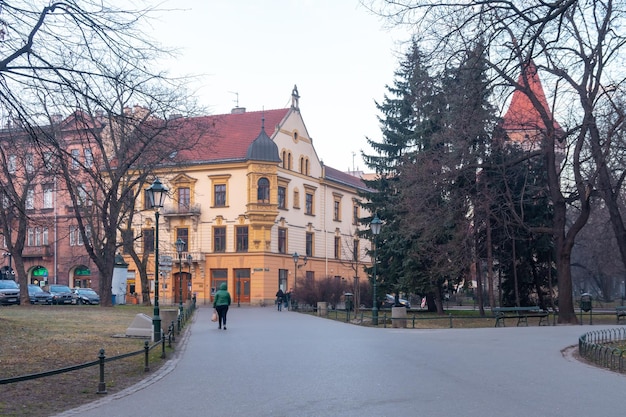 Krakow Poland 13 March 2022 Old historic houses in krakow in the morning