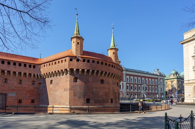 Krakow Poland 14 March 2022 Stone medieval city gate Barbican