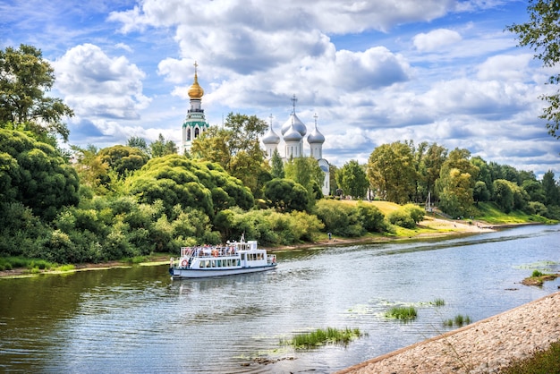 Kremlin and motor ship on the river in Vologda on a summer sunny day