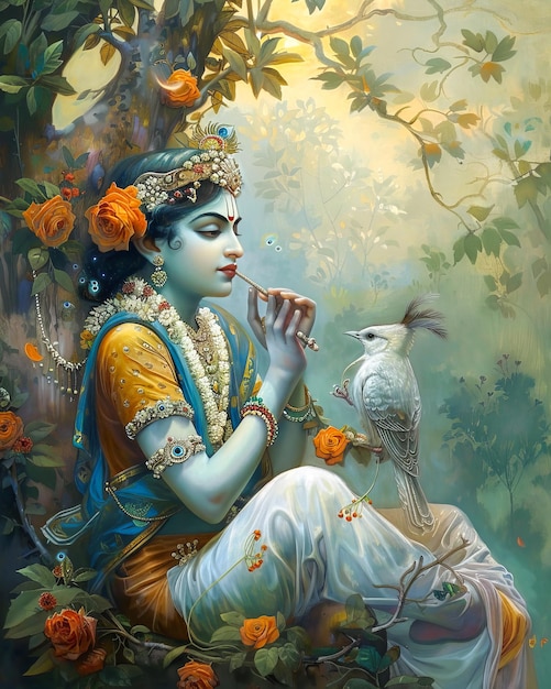 Krishna Digital Art Blue Divinity with a Golden Flute