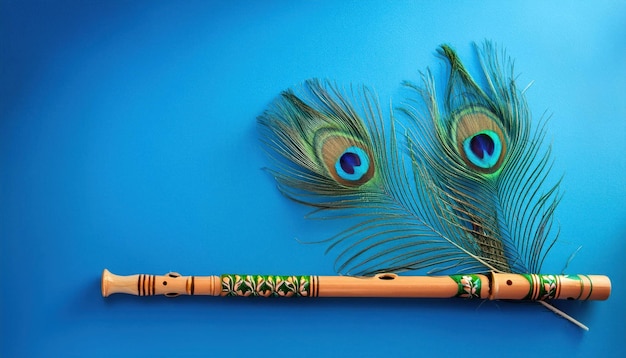 Photo krishna janmashtami decoration bamboo flute with peacock feather representing lord krishna