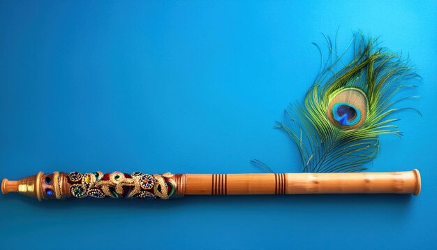 Photo krishna janmashtami decoration bamboo flute with peacock feather representing lord krishna