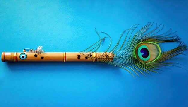 Photo krishna janmashtami decoration bamboo flute with peacock feather representing lord krishna