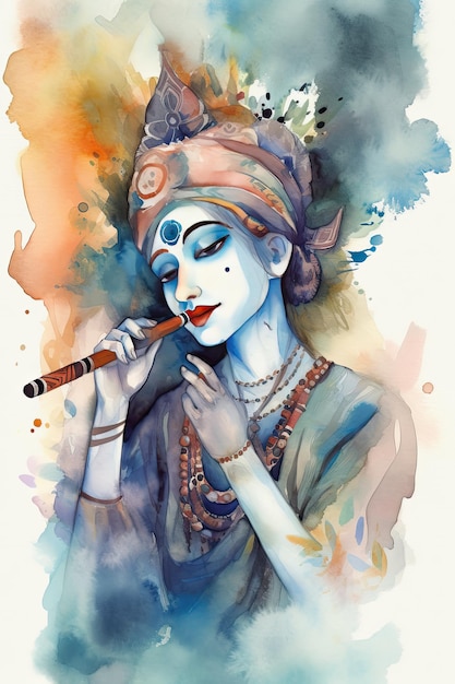 Krishna playing bansuri flute watercolor Dahi handi happy shree krishna janmashtami Ai generated