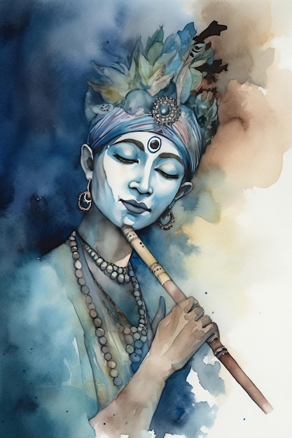 Krishna playing bansuri watercolor illustration Dahi handi festival krishna janmashtami Ai generated