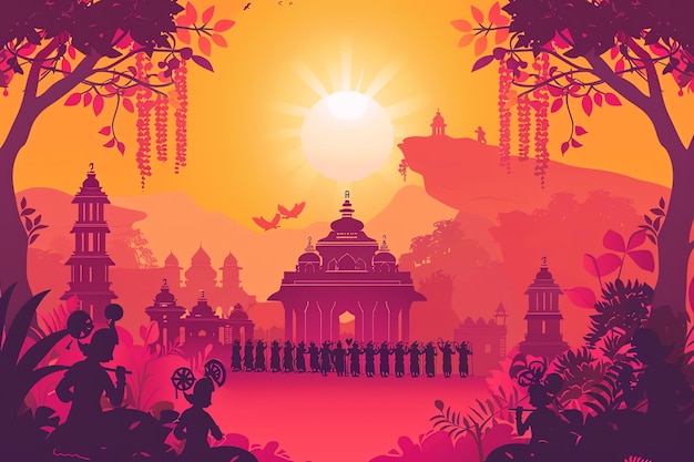 Krishnas crown and Devotees procession and Vrindavan sunset greeting card for Krishna Janmashtami