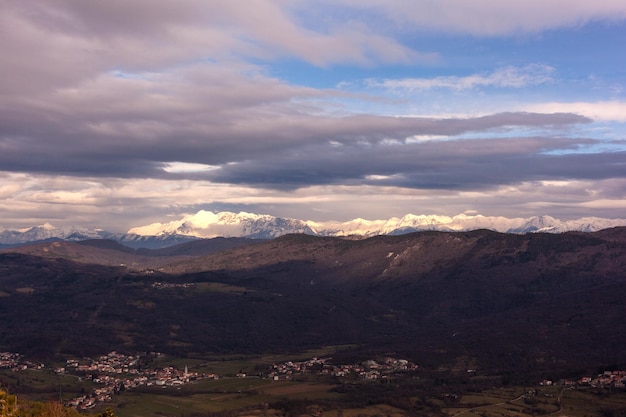 Krn mountain covered by snow top view from mont St Gabriel