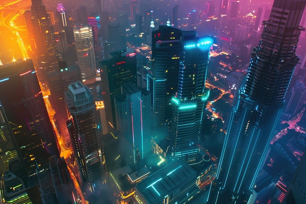 Kuala Lumpur skyline in 80s neon style aerial view