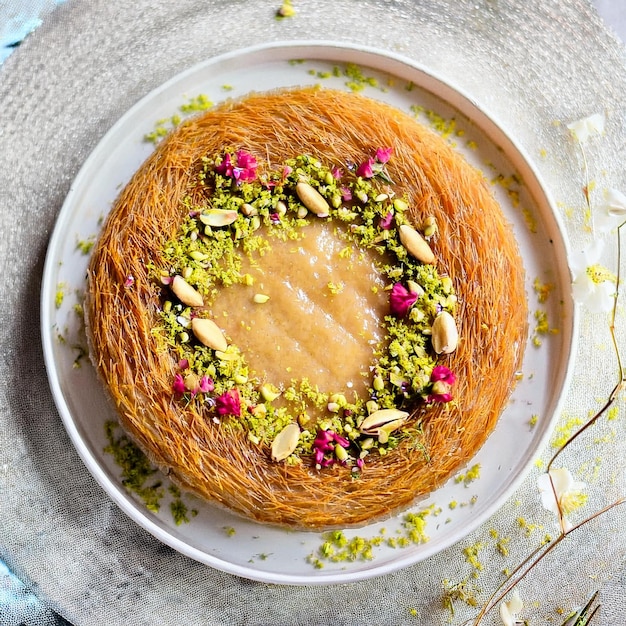 Photo kunafa with pistachios in top view