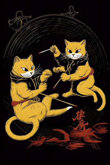 kung fu cats 1950 illustration vector art black background