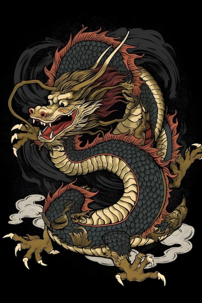 kung fu dragon 1950 illustration vector art black background