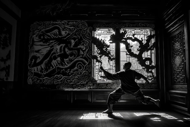 Kung fu master in sacred duel Graceful moves in the temple generative IA