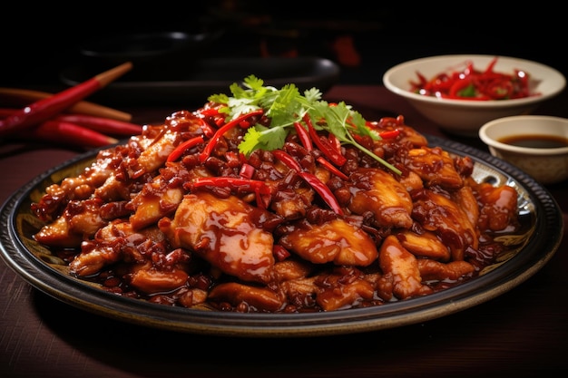 Photo kung pao chicken garnished with green onions on dark background