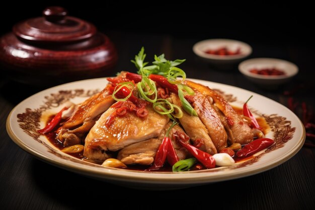 Photo kung pao chicken on plate with green onions and pepper