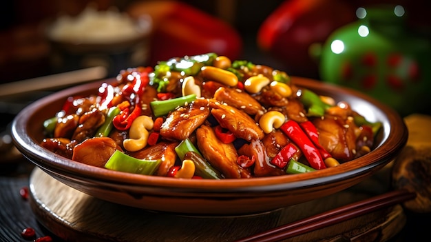 Kung Pao chicken that's savory and spicy with peanuts and veggies Generative AI