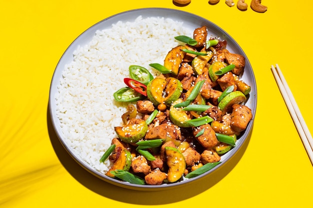 Kung pao chicken with rice and hot pepper on a yellow background