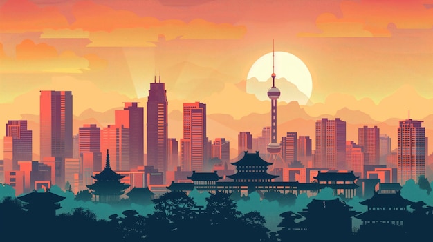 Photo kunming skyline at sunset with traditional architecture