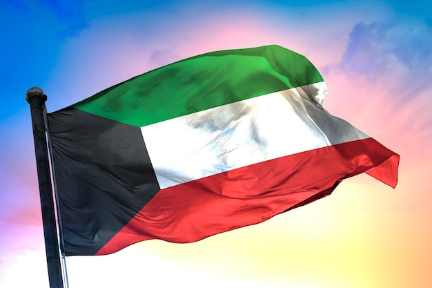 Photo kuwait country flag, 3d flag, and color background.