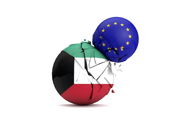 Kuwait and European Union political balls smash together 3D Render