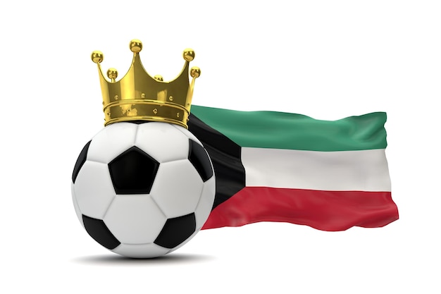 Kuwait flag and soccer ball with gold crown 3D Rendering