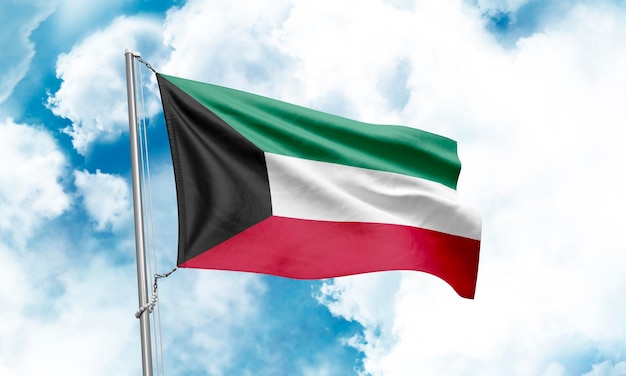 Kuwait flag waving on sky background 3D Rendering