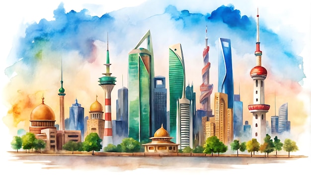 Photo kuwait national day poster watercolor illustration with iconic buildings