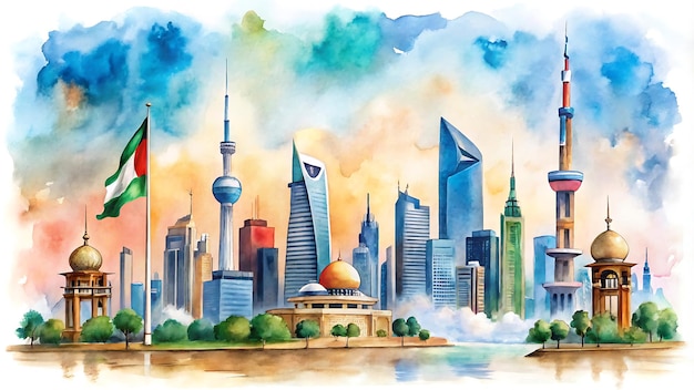 Photo kuwait national day poster watercolor illustration with iconic buildings