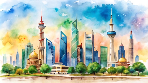 Kuwait National Day Poster Watercolor Illustration with Iconic Buildings