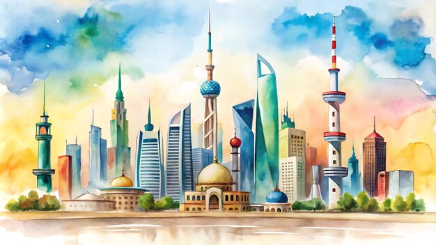 Photo kuwait national day poster watercolor illustration with iconic buildings