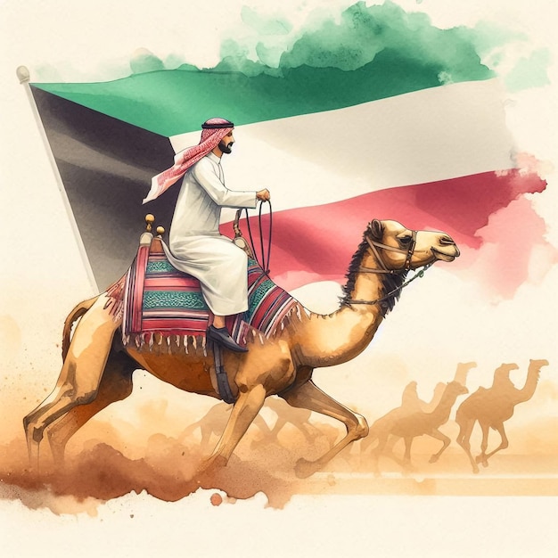 Photo kuwaiti arab man riding camel with kuwait flag watercolor background