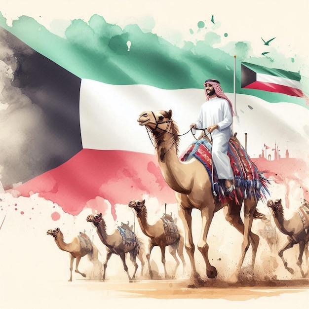 Photo kuwaiti arab man riding camel with kuwait flag watercolor background