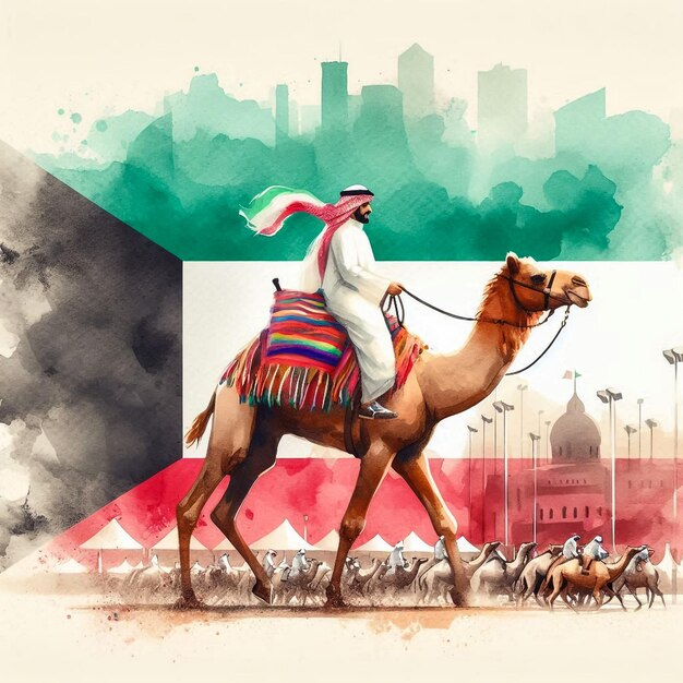 Photo kuwaiti arab man riding camel with kuwait flag watercolor background