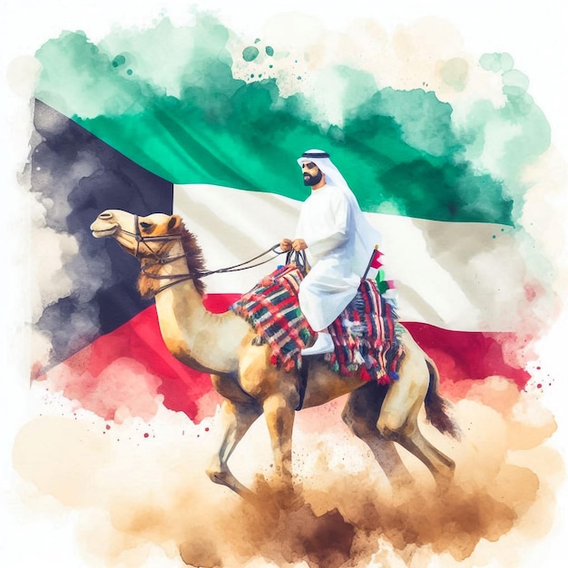 Photo kuwaiti arab man riding camel with kuwait flag watercolor background