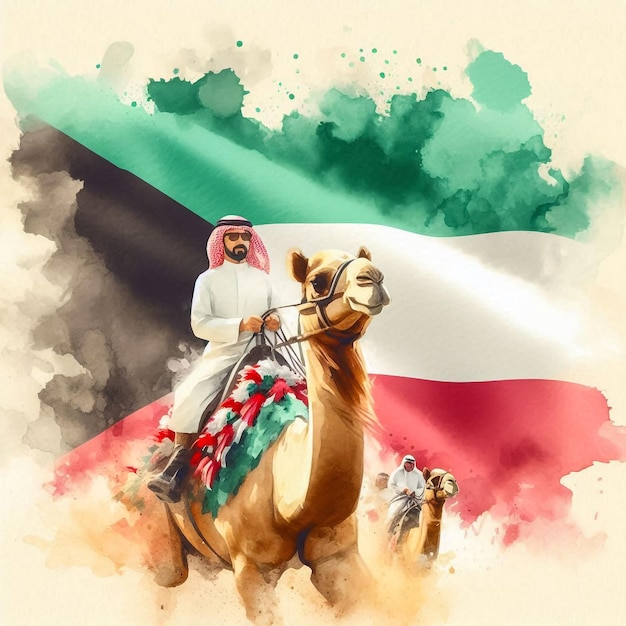 Photo kuwaiti arab man riding camel with kuwait flag watercolor background