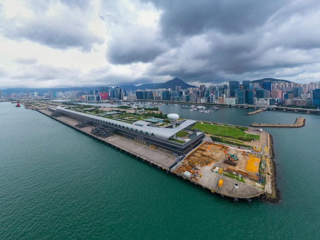 Kwun Tong, Hong Kong 02 June 2019: Top view of cruise terminal building