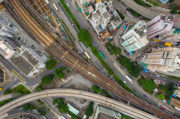 Kwun Tong, Hong Kong 02 June 2019: Top view of Hong Kong traffic