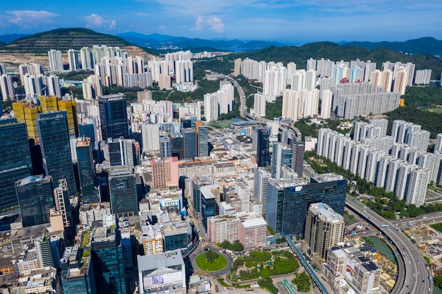 Kwun Tong, Hong Kong 06 September 2019: Aerial view of Hong Kong city