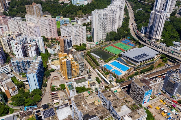 Kwun Tong, Hong Kong 06 September 2019: Top view of Hong Kong city