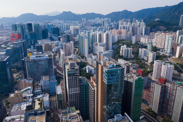 Kwun Tong, Hong Kong 13 April 2020: Aerial view of Hong Kong city