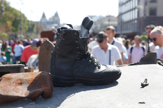 KYIV UKRAINE August 21 2022 Boot Parade before Independent Day of Ukraine with Close up of destroyed military equipment of the russian invaders in the center of the Kyiv