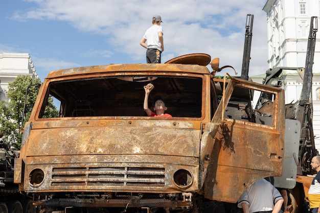 KYIV UKRAINE Jun 22 2022 Destroyed and burned military equipment of the Russian in the Kyiv