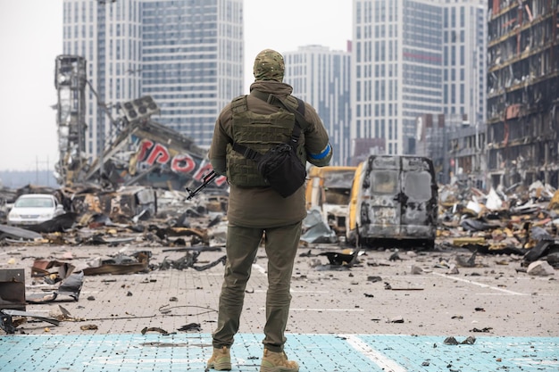 KYIV UKRAINE Mar 29 2022 War in Ukraine Shopping center that was damaged by shelling on 21 March by a Russian attack in Kyiv where according to emergency service at least six people died