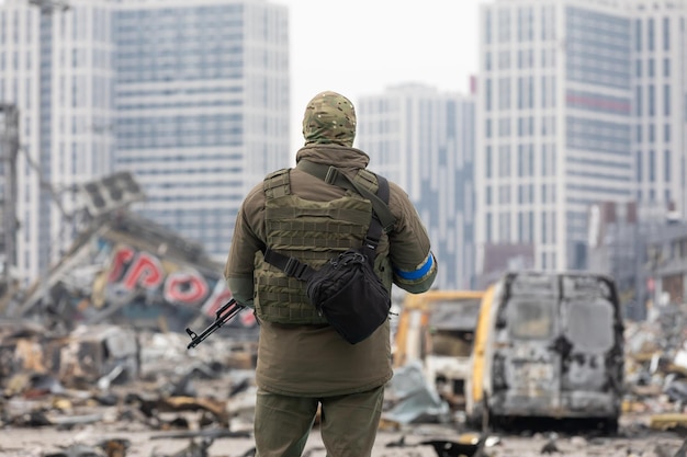 KYIV UKRAINE Mar 29 2022 War in Ukraine Shopping center that was damaged by shelling on 21 March by a Russian attack in Kyiv where according to emergency service at least six people died