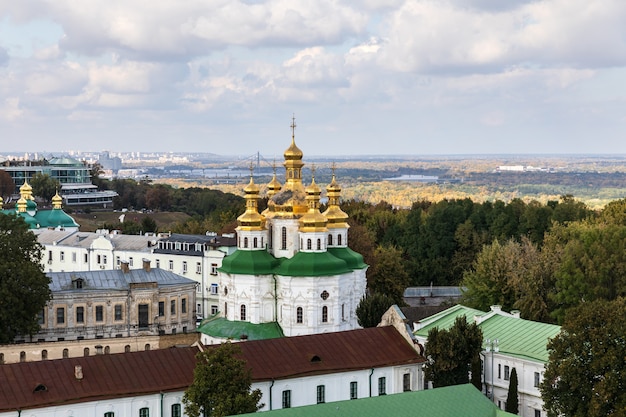 Kyiv, Ukraine - Sep. 29, 2018: Aerial view of Kiev city with churches, new and old buildings. Old and modern architecture in capital city of Ukraine, beautiful landscape of Kiev city.